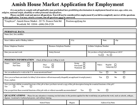 Amish House Market Job Application